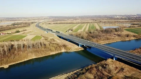 Highway, river, bridge. Sunny day Видео 121722964