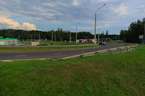 Highway road, forest and fields, panorama view Stock Photos