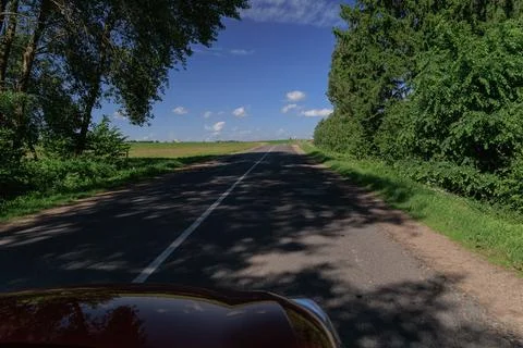 Highway road, forest and fields, panorama view Stock Photos