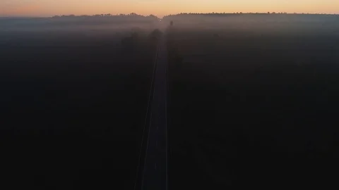 The highway road located in the middle of a forest amidst a thick fog, during Stock Footage 114441215