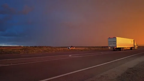 Highway road with traffic on it. sunset and rain, thunder and lightning Stock Footage 248122544