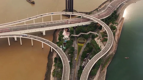 Highway Stack Interchange in Macau from above – Av Panoramica do Lago Sai Van Stock Footage 82872308