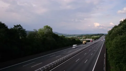 Highway at sunset in Germany Stockbeeldmateriaal 197742754