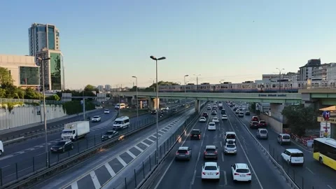 Highway Traffic and Metro Train Passing on Bridge Istanbul Stock Footage 340153251