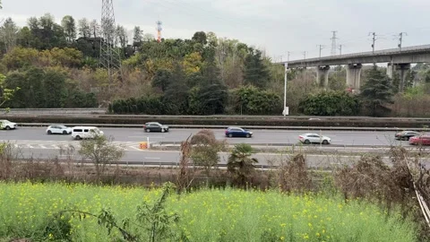 Highway Traffic with High Speed Rail Bridge in Spring Landscape Chengdu Видео 334698314