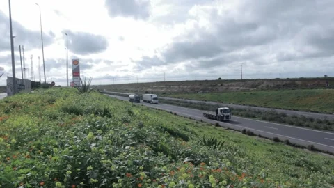 Highway Traffic Passing Wildflower Fields Under Cloudy Sky Stock Footage 332774581