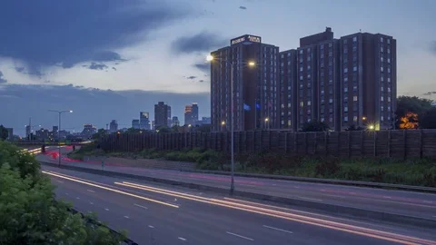 Highway Traffic Through Minneapolis Twilight Long Exposure Timelapse Video stock 81145341