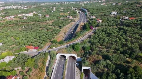 Highway Tunnel Through Olive Groves in Greece Stock Footage 337448994
