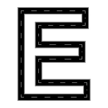 Highway typography letter E, asphalt road font with lane markings Stock Illustration