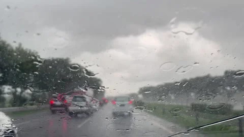 Highway Under Stormy Clouds in Heavy Rain Weather Stock Footage 305957257