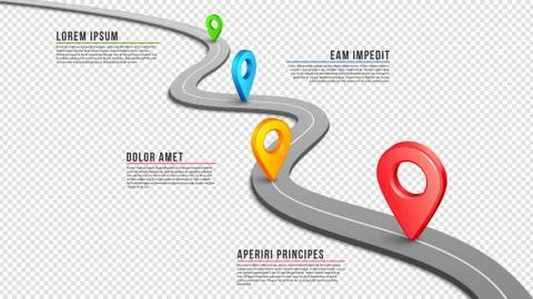 Highway. Winding empty road, GPS pins and infographic elements. Black Stock Illustration