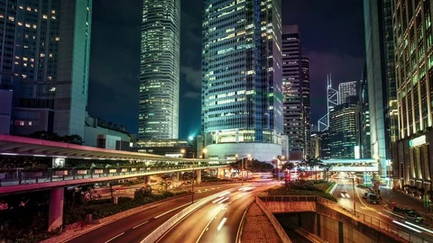 Highways in Hong Kong financial district at night Stock Footage