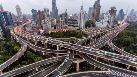 Highways intersection in Shanghai time lapse at night Stockbeeldmateriaal 119019466