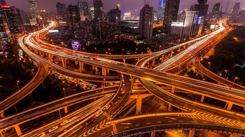 Highways intersection in Shanghai time lapse at night Vídeo Stock 119019484