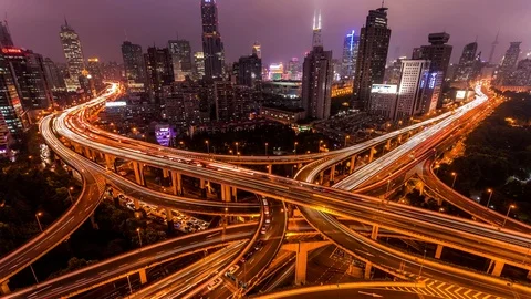 Highways intersection in Shanghai time lapse at night Stockbeeldmateriaal 119019554