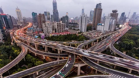 Highways intersection in Shanghai time lapse at night Stockbeeldmateriaal 119019680