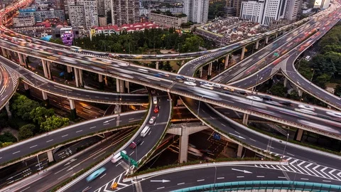 Highways intersection in Shanghai time lapse at night Stockbeeldmateriaal 119019860