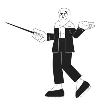 Hijab teacher holding pointer stick black and white 2D cartoon character 스톡 일러스트