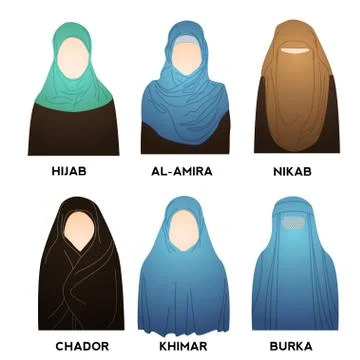 Hijab Type Models Collection Styles. Muslim Woman in Traditional Costume. Stock Illustration
