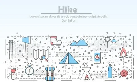 Hike advertising vector flat line art illustration 스톡 일러스트