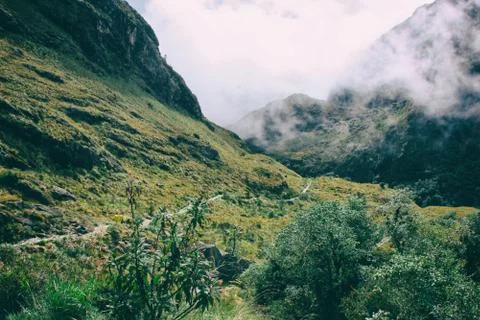 Hike on the ancient Inca Trail paved path to Machu Picchu. Peru. No people Stock Photos