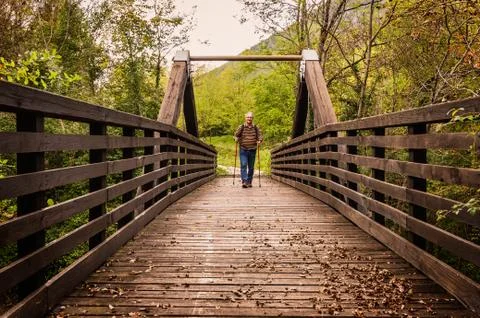 Hike man with backpack walking in forest nature outdors bridge. Stock Photos