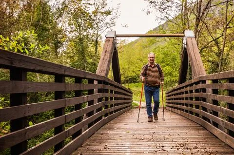 Hike man with backpack walking in forest nature outdors bridge. Stock Photos