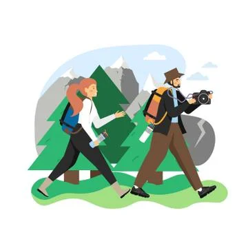 Hike scene, flat vector illustration. Traveler, hiker couple with backpacks Ilustração Stock