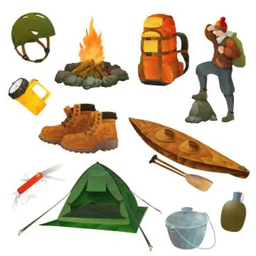 Hike set of vector icons, low poly style Stock Illustration