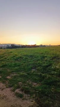Hike through a field behind which you can see the sunset and the city on the Stock Photos