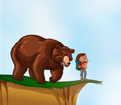 Hiker and bear on the cliff Stock Illustration