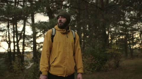Hiker with backpack and equipment walking through forest. Stock Footage 220189013