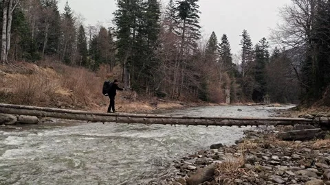 Hiker with Backpack Balancing on Improvised Log Bridge over River Video stock 335098909