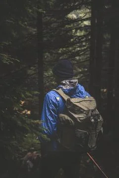 Hiker with backpack exploring dark pine forest in Val Seriana, vertical 스톡 사진