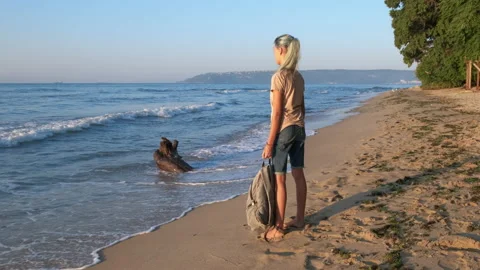 Hiker with backpack by foaming sea. Stock-Footage 233121464