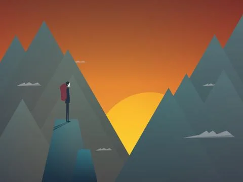 Hiker with backpack in mountains landscape vector background. Sunset scene Stock Illustration