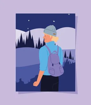 Hiker with backpack night Stock Illustration