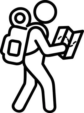 Hiker with a backpack reading map icon Иллюстрация