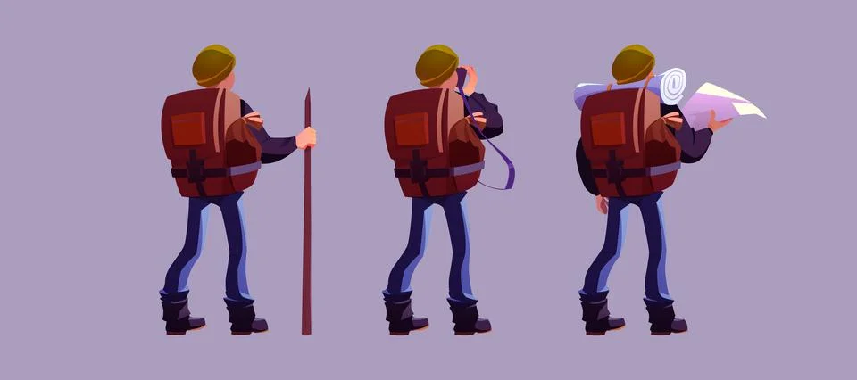 Hiker with backpack rear view traveler cartoon man Stock Illustration