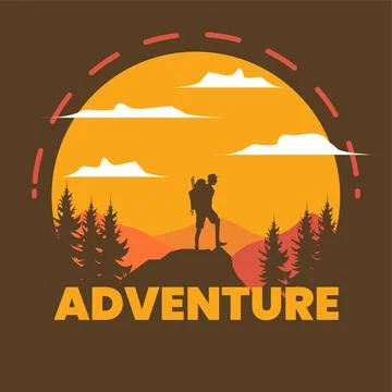 Hiker with backpack on rock enjoying sunset Stock Illustration