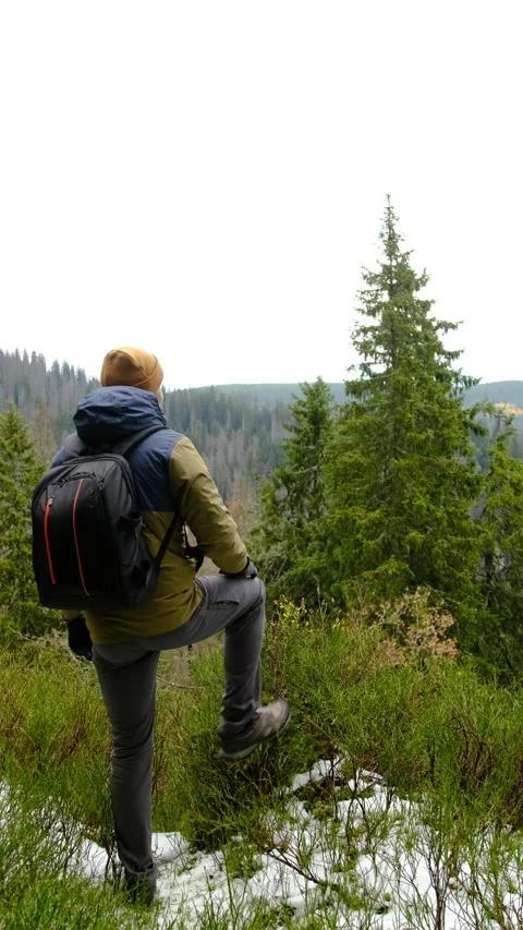 Hiker with backpack standing on mountain viewpoint overlooking forest valley Stock Footage 322809559
