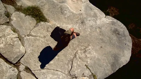 Hiker With Backpack Standing On Top Of A Mountain Aerial 4K Stock Footage 92264719