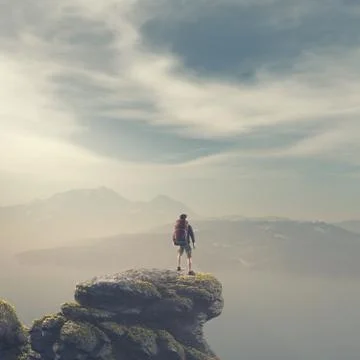 Hiker with backpack standing on top of a mountain Stock-Illustration