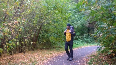 Hiker with backpack walking in forest. autumn trekking Stock Footage 155872343
