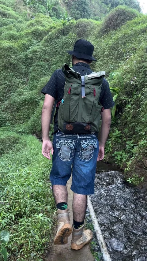 Hiker with Backpack Walking on Green Forest Path, Lush Hillside, Vertical Shot Video stock 323909652