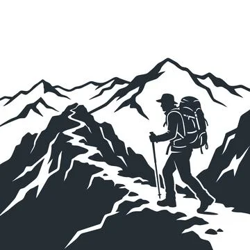 Hiker with backpack walking on mountain ridge for adventure and travel conc.. Illustrazione stock