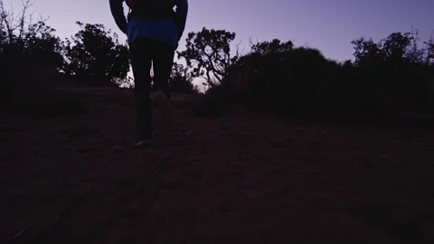Hiker with Backpack walks to cliff edge and overlooks canyon Stock Footage 127458524