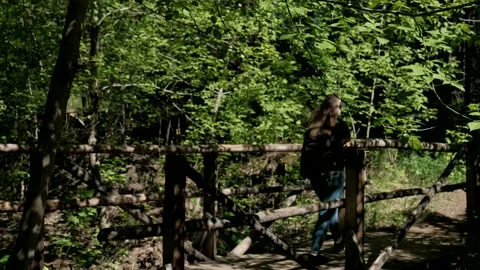 Hiker with a backpack walks through the forest Stock Footage 132231541