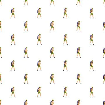Hiker backpacker walking exploring seamless pattern background Stock Illustration