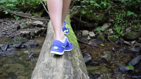 Hiker Balancing Across a Log Stock Footage 54169374